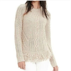 Banana Republic Sweater Small Tan Cable Knit Fringe Western Boho Wool Alpaca